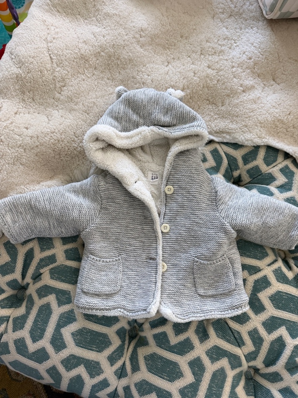 GAP Light Gray Knit Hooded Baby Jacket with Sherpa Lining